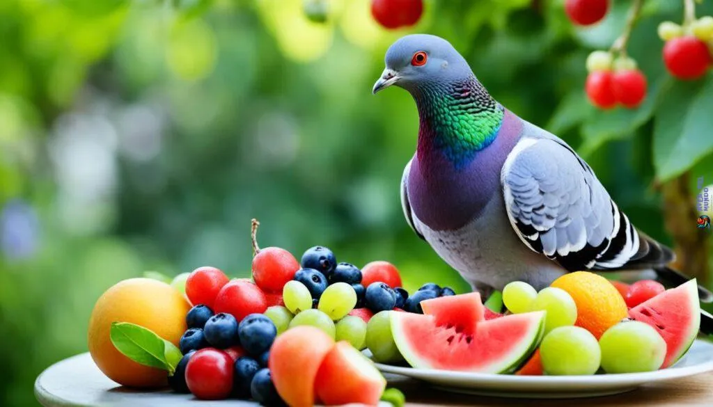 Pigeon Enjoying a Diverse Diet Including Fruits Pigeon Enjoying a Diverse Diet Including Fruits
